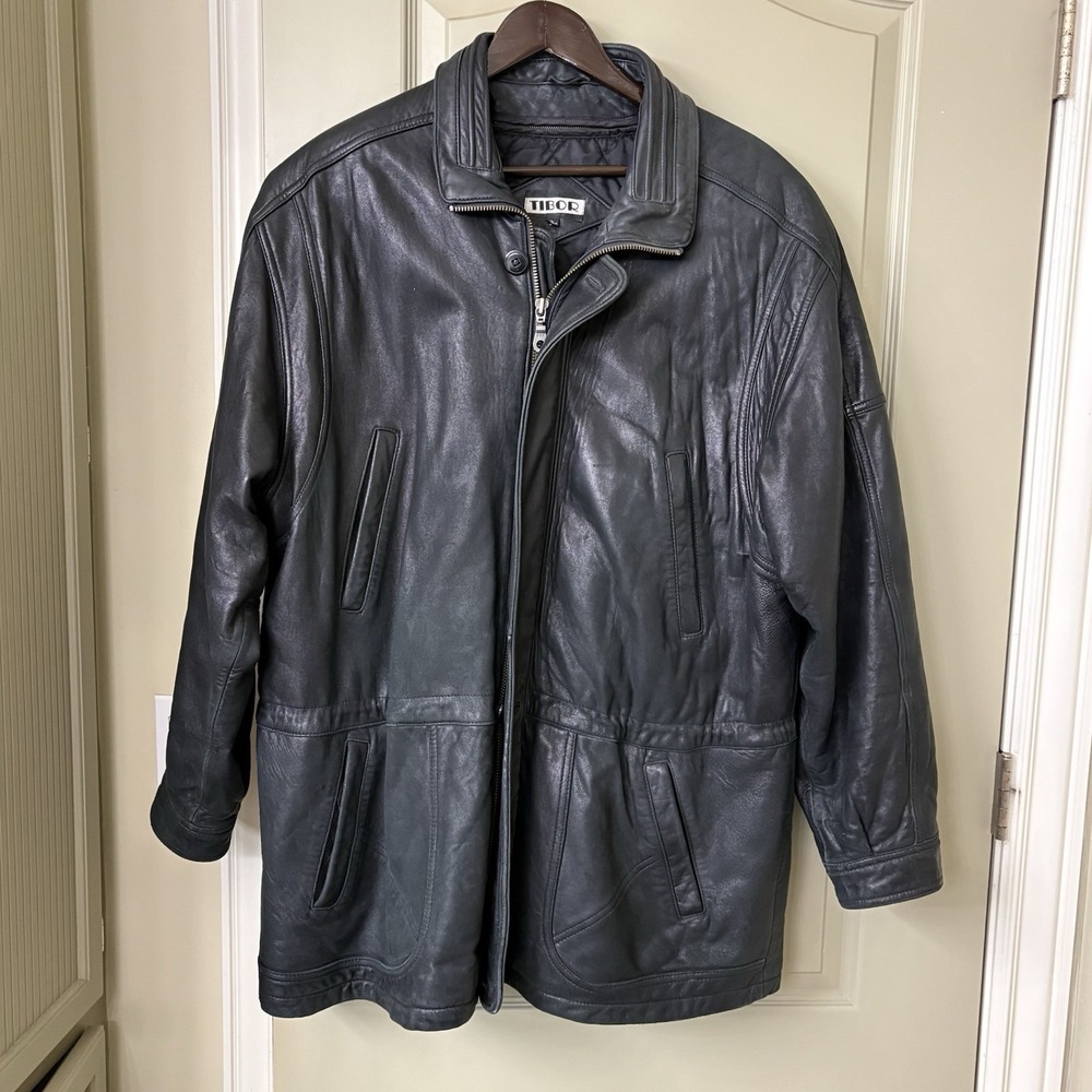 Vintage Tibor Heavy Black Leather Zip In/Out Lined Car Coat Motorcycle Jacket L